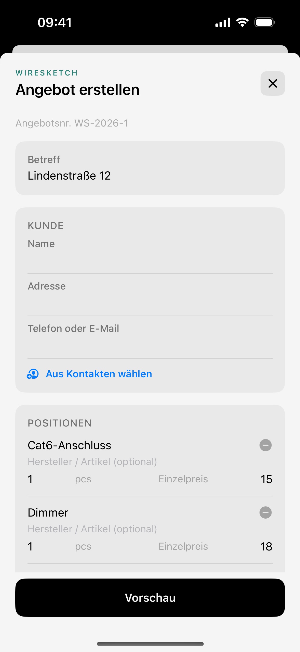 Angebots-PDF mit eigenem Briefkopf, erstellt aus dem Elektroplan