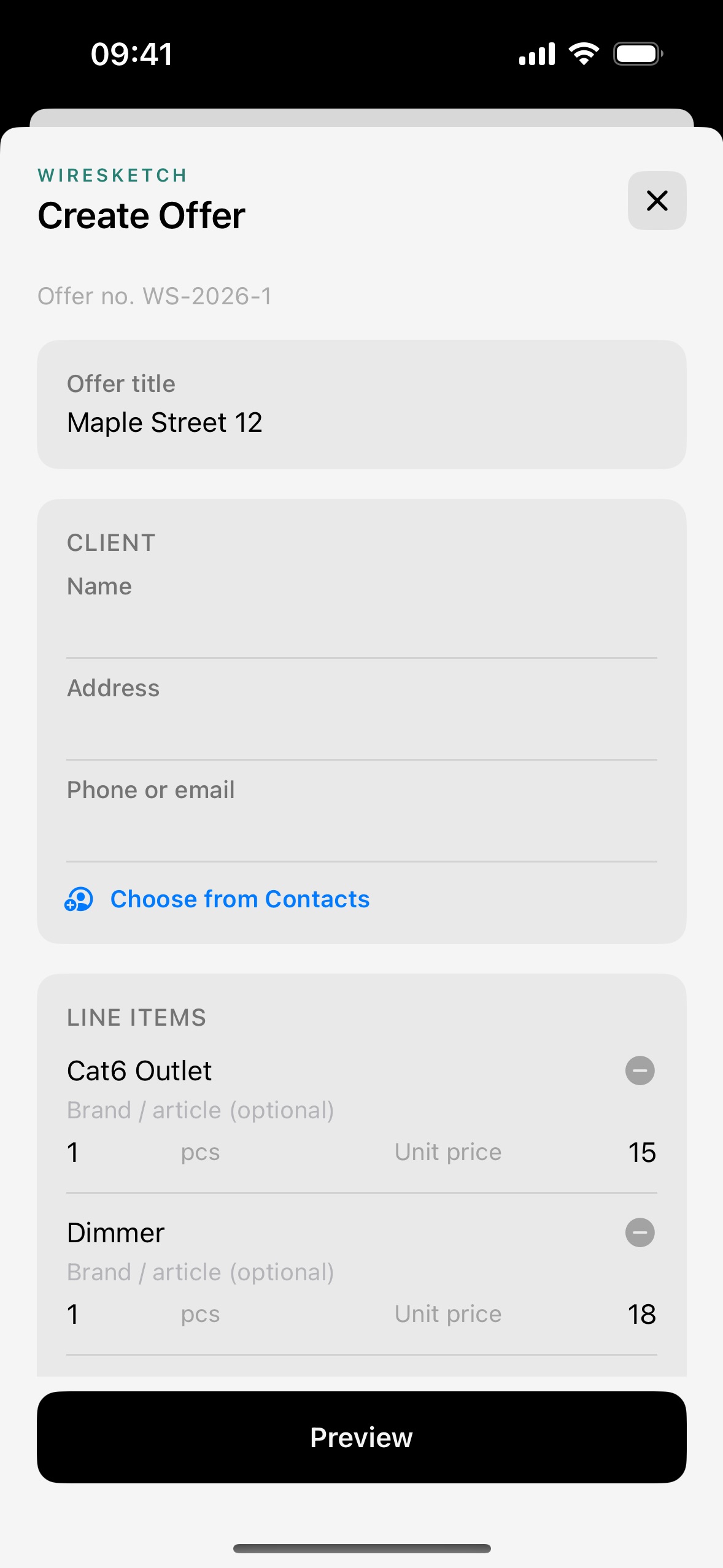 Branded electrical offer PDF built from the plan