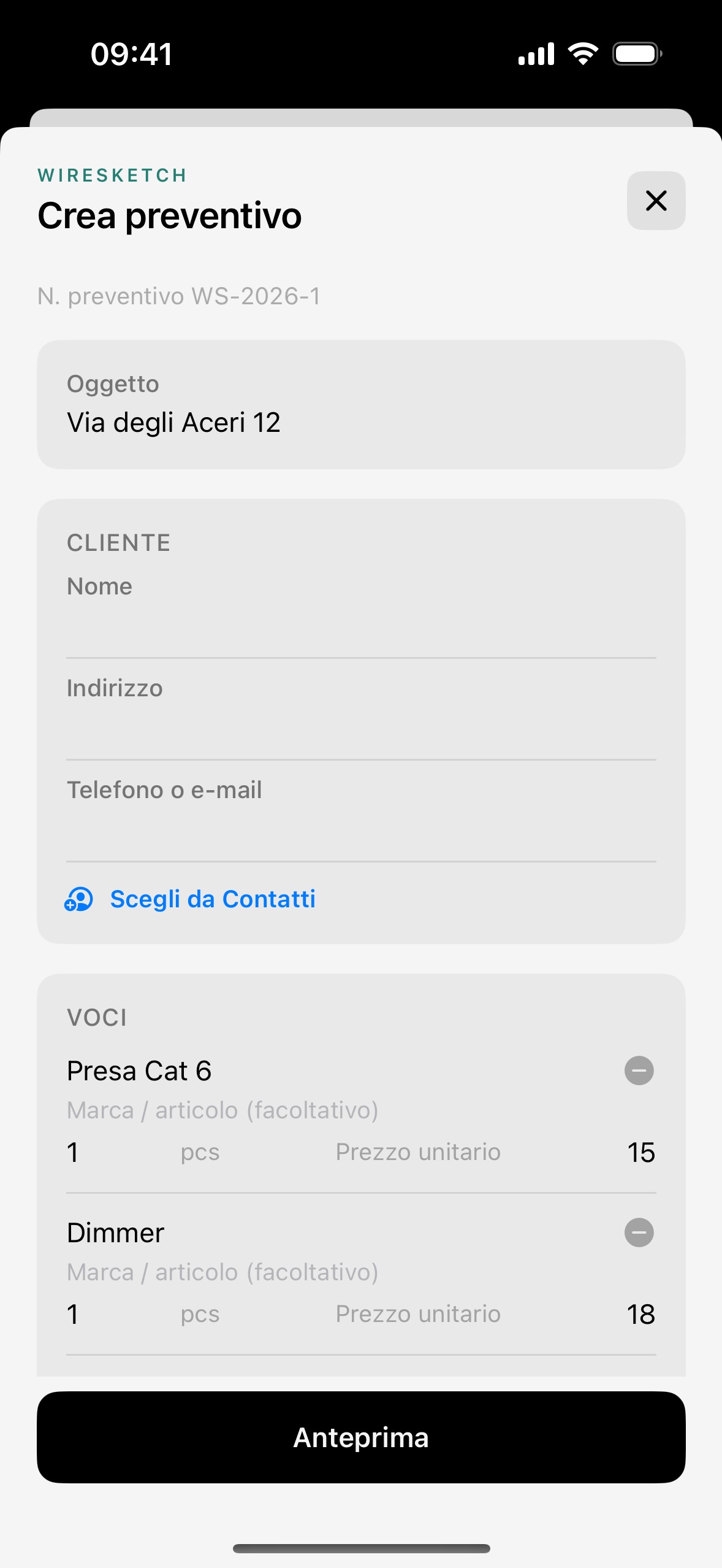 Preventivo PDF con il tuo logo, generato dal progetto elettrico